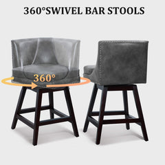 26” Counter Height Bar Stools Set of 2, Upholstered Island Chairs Stool Bar Chairs with 360° Swivel, Grey Leather