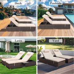 2 Pcs Patio Chaise Lounge Chairs w/ 6 Reclining Positions, Wheels & Small Pillow, Khaki Cushion