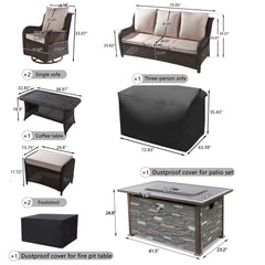 6 Pieces Outdoor Wicker Patio Conversation Set with Fire Pit Table, Swivel Rocker Chairs, Furniture Cover, Coffee Table, Ottoman & Khaki Cushions