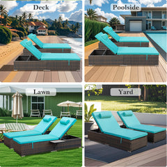 2 Pcs Patio Chaise Lounge Chairs w/ 6 Reclining Positions, Wheels & Small Pillow, Blue Cushion