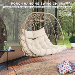 2-Person Indoor Outdoor Egg Hanging Chair with Stand, Patio Wicker Swing Egg Chair with Cushions & Neck Pillows