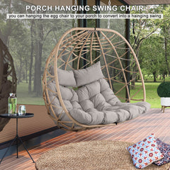 2-Person Indoor Outdoor Egg Hanging Chair with Stand, Patio Wicker Swing Egg Chair with Cushions & Neck Pillows