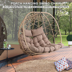 2-Person Indoor Outdoor Egg Hanging Chair with Stand, Patio Wicker Swing Egg Chair with Cushions & Neck Pillows