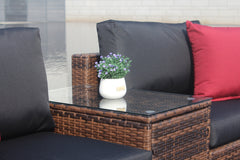 5 Pieces Outdoor Wicker Sectional Conversation Sofa Set with Black Cushions and Red Pillows,w/ Furniture Protection Cover