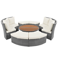 5-Piece Round Rattan Sectional Sofa Set All-Weather Sunbed Daybed with Round Liftable Table and Cushions, Beige