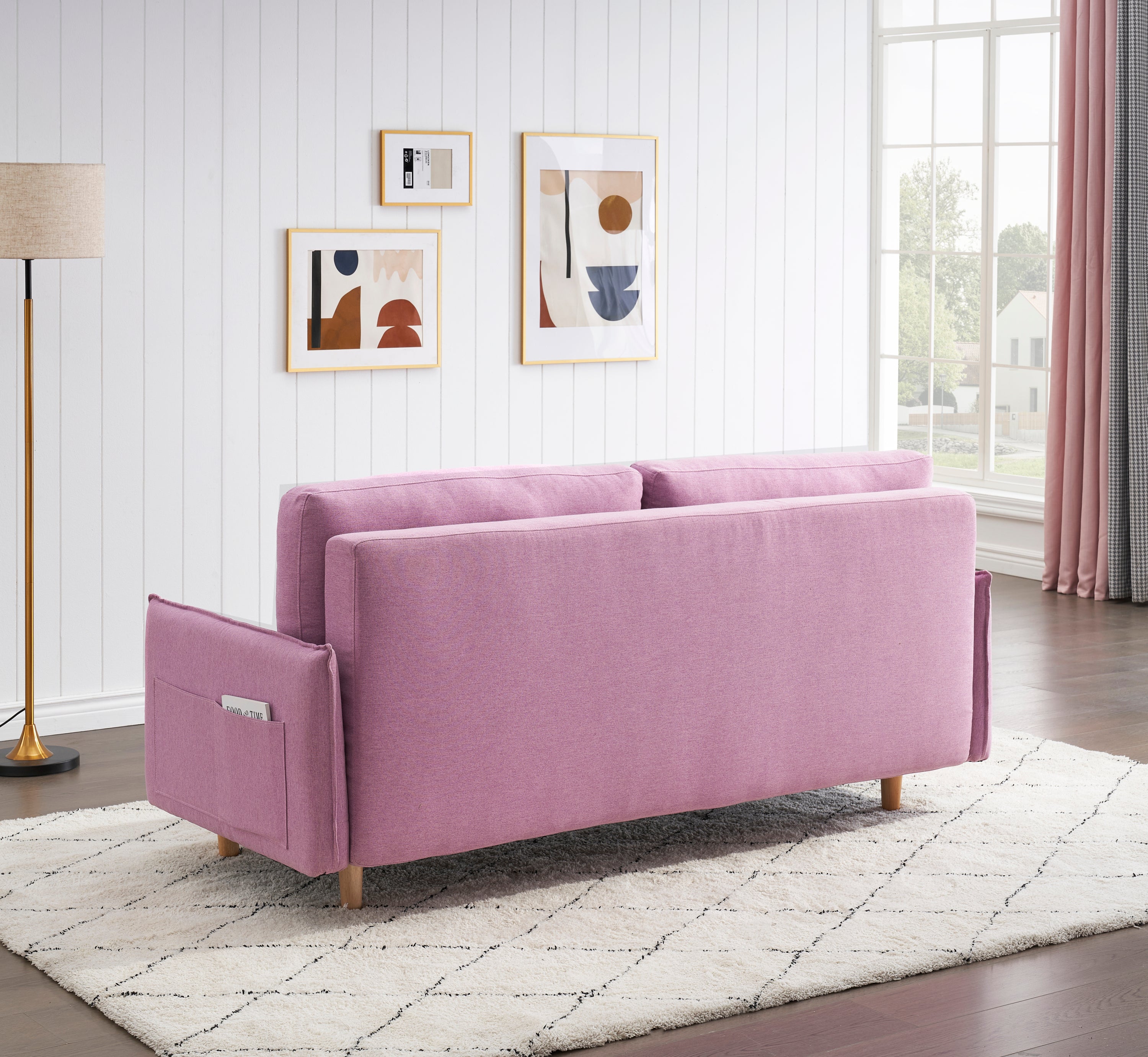 Living Room Loveseat Sofa Bed with Storage, Side Bag Pockets and Wood Legs, Pink