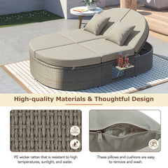 2-Person Daybed with Cushions and Pillows, Rattan Garden Reclining Chaise Lounge with Adjustable Backrests and Foldable Cup Trays, Gray