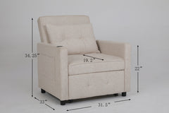 Sleeper Chair 3-in-1 Convertible Chair Bed Pull Out Sleeper Chair Beds Adjustable Single Armchair Sofa Bed with USB Ports, Side Pocket, Linen Beige