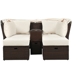 2-Seater Outdoor Double Daybed Patio Loveseat Sofa Set with Foldable Awning and Cushions, Beige