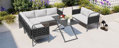 5-Piece Modern Patio Sectional Sofa Set Outdoor Woven Rope Furniture Set with Glass Table and Cushions, Black+Gray