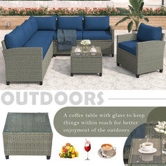 5 Piece Outdoor Sectional Sofa with Coffee Table, Blue Cushions