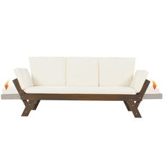 Outdoor Adjustable Patio Wooden Daybed Sofa Chaise Lounge with Cushions, Brown Finish+Beige Cushion
