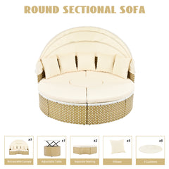 Outdoor Sectional Sofa Set Rattan Daybed with Retractable Canopy, Separate Seating and Cushion, Beige