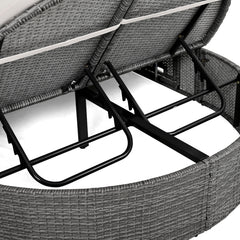 Outdoor Sun Bed Patio 2-Person Daybed with Cushions and Pillows, Rattan Reclining Chaise Lounge with Adjustable Backrests and Foldable Cup Trays, Beige