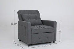 Sleeper Chair 3-in-1 Convertible Chair Bed Pull Out Sleeper Chair Beds Adjustable Single Armchair Sofa Bed with USB Ports, Side Pocket, Linen Grey