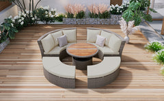 5-Piece Round Rattan Sectional Sofa Set All-Weather Sunbed Daybed with Round Liftable Table and Cushions, Gray