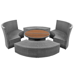 5-Piece Round Rattan Sectional Sofa Set All-Weather Sunbed Daybed with Round Liftable Table and Cushions, Beige