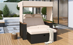 2-Piece Outdoor Rattan Bench Lounge Set, with Canopy, UV Protection Fabric & Waterproof Cushions and Adjustable Backrest