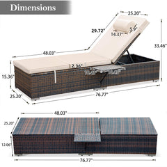 2 Pcs Patio Chaise Lounge Chairs w/ 6 Reclining Positions, Wheels & Small Pillow, Khaki Cushion