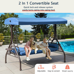 3-Seat Outdoor Porch Swing Chair with Adjustable Canopy, 2 Foldable Side Trays, 3 Cushions & 2 Pillows, Blue