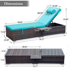 2 Pcs Patio Chaise Lounge Chairs w/ 6 Reclining Positions, Wheels & Small Pillow, Blue Cushion