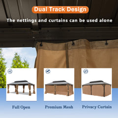 12'x20' Galvanized Steel Hardtop Gazebo Aluminum Frame with Netting & Curtains, Brown