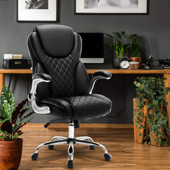 Ergonomic Office Chair with Flip-up Armrests and Wheels, Leather Rocking Executive Office Chair with Spring Box Seat Cushion, Black