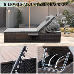 2 Pcs Patio Chaise Lounge Chairs w/ 6 Reclining Positions, Wheels & Small Pillow, Gray Cushion