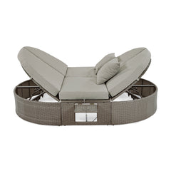 2-Person Daybed with Cushions and Pillows, Rattan Garden Reclining Chaise Lounge with Adjustable Backrests and Foldable Cup Trays, Gray