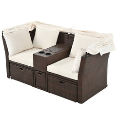 2-Seater Outdoor Double Daybed Patio Loveseat Sofa Set with Foldable Awning and Cushions, Beige