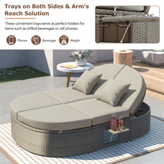 2-Person Daybed with Cushions and Pillows, Rattan Garden Reclining Chaise Lounge with Adjustable Backrests and Foldable Cup Trays, Gray