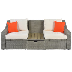 3-Piece Patio Wicker Sofa with Cushions, Pillows, Ottomans and Lift Top Coffee Table