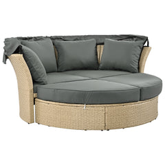 Outdoor Patio Daybed Wicker Rattan Double Daybed Round Sofa Furniture Set with Retractable Canopy, 4 Pillows for Lawn Garden Backyard Porch Pool, Grey