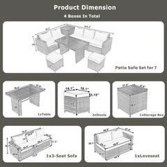 Outdoor 6-Piece All Weather PE Rattan Sofa Set with Adjustable Seat, Storage Box, Removable Covers and Tempered Glass Top Table, Beige