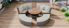 5-Piece Round Rattan Sectional Sofa Set All-Weather Sunbed Daybed with Round Liftable Table and Cushions, Gray