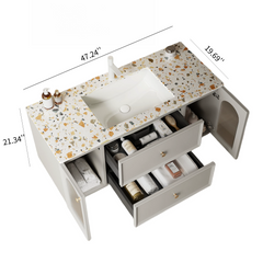 BAY 48" Bathroom Vanity with Sink, Modern Wall-Mounted Floating Plywood Bathroom Storage Cabinet with 2 Drawers and 2 Doors, Terrazzo Counter Top and White Ceramic Basin with Sink Hole Cover and Drain