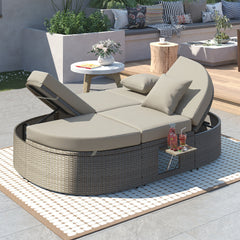 2-Person Daybed with Cushions and Pillows, Rattan Garden Reclining Chaise Lounge with Adjustable Backrests and Foldable Cup Trays, Gray