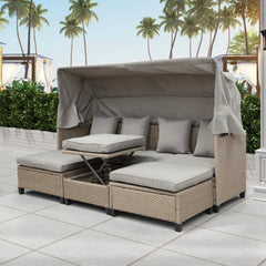 4 Piece UV-Proof Resin Wicker Patio Sofa Set with Retractable Canopy, Cushions and Lifting Table,Brown
