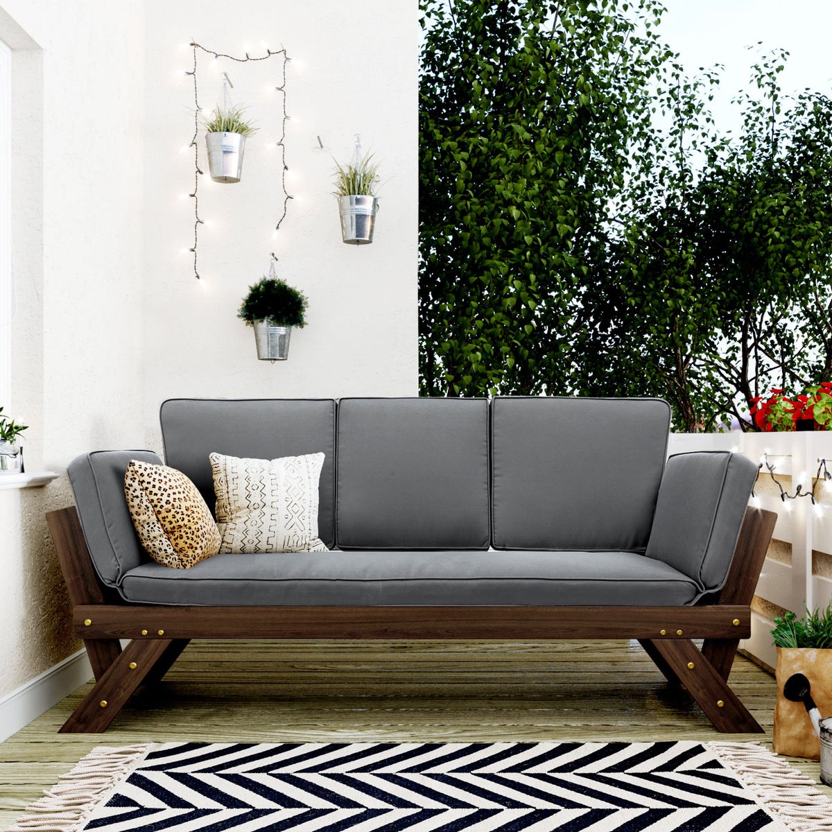 Outdoor Adjustable Patio Wooden Daybed Sofa Chaise Lounge with Cushions, Brown Finish+Gray Cushion