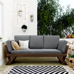 Outdoor Adjustable Patio Wooden Daybed Sofa Chaise Lounge with Cushions, Brown Finish+Gray Cushion