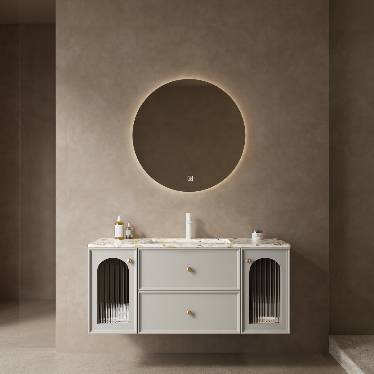 BAY 48" Bathroom Vanity with Sink, Modern Wall-Mounted Floating Plywood Bathroom Storage Cabinet with 2 Drawers and 2 Doors, Terrazzo Counter Top and White Ceramic Basin with Sink Hole Cover and Drain