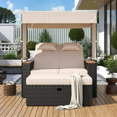 2-Piece Outdoor Rattan Bench Lounge Set, with Canopy, UV Protection Fabric & Waterproof Cushions and Adjustable Backrest