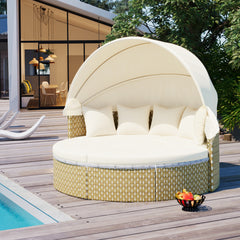 Outdoor Sectional Sofa Set Rattan Daybed with Retractable Canopy, Separate Seating and Cushion, Beige