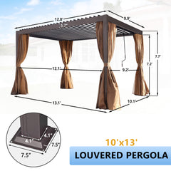 10x13ft Louvered Pergola Outdoor Aluminum Pergolas with Adjustable Roof, Curtain and Netting, Brown