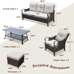 Upgraded 6 Pcs Outdoor Sectional Sofa with Reclining Backrest, Storage Table, Ottomans, Light Grey Cushions