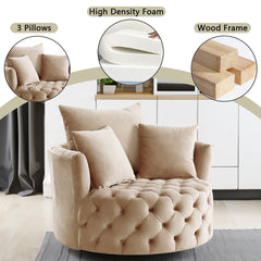 NOBLEMOOD Velvet Swivel Accent Barrel Chair with Button Tuefted and 3 Pillows for Living Room Bedroom, Khaki