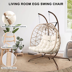 2-Person Indoor Outdoor Egg Hanging Chair with Stand, Patio Wicker Swing Egg Chair with Cushions & Neck Pillows