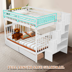 Wood Bunk Bed Full Over Full with 2 Storage Drawers and Staircases, Bunk Bed with Guardrail for Twins Bedroom, White