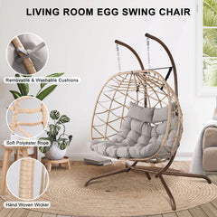 2-Person Indoor Outdoor Egg Hanging Chair with Stand, Patio Wicker Swing Egg Chair with Cushions & Neck Pillows