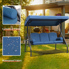 3-Seat Outdoor Porch Swing Chair with Adjustable Canopy, 2 Foldable Side Trays, 3 Cushions & 2 Pillows, Blue